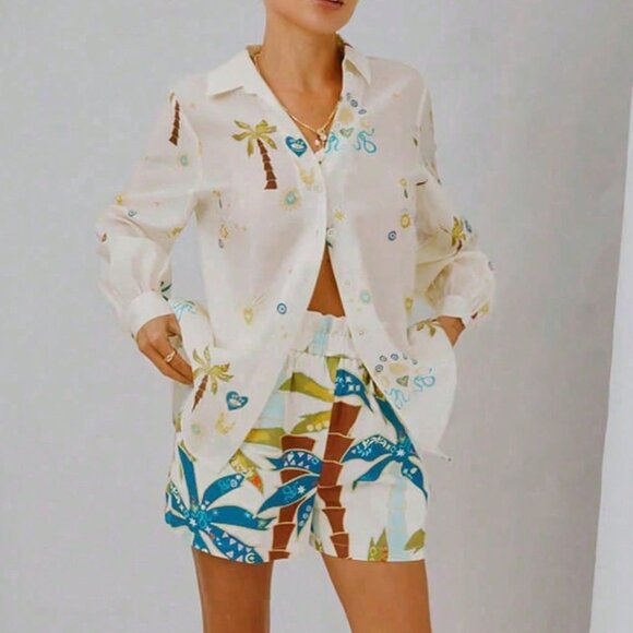 Apricot Casual Women's Tropical Print Shirt & Shorts Set - Picture 3 of 3